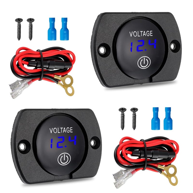 EPLZON 2 Pack DC 12V 24V Volt Meter Battery Voltage Gauge Digital Gauge Waterproof Voltmeter with Touch Switch and Mounting Plate Round for Boat Marine Motorcycle Truck(Blue Light) - Image 1
